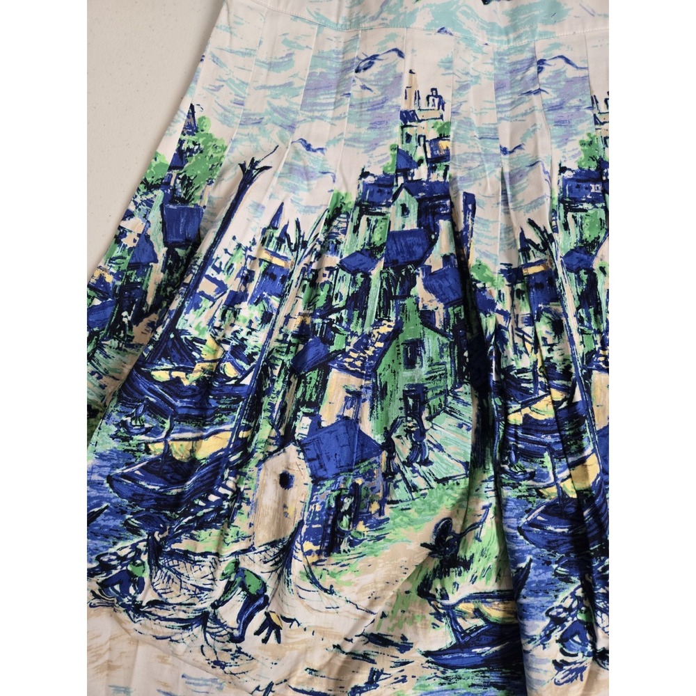 Talbots Women's 6 Blue Green Watercolor Venice Boats City A-Line Pleated Skirt - Picture 4 of 12